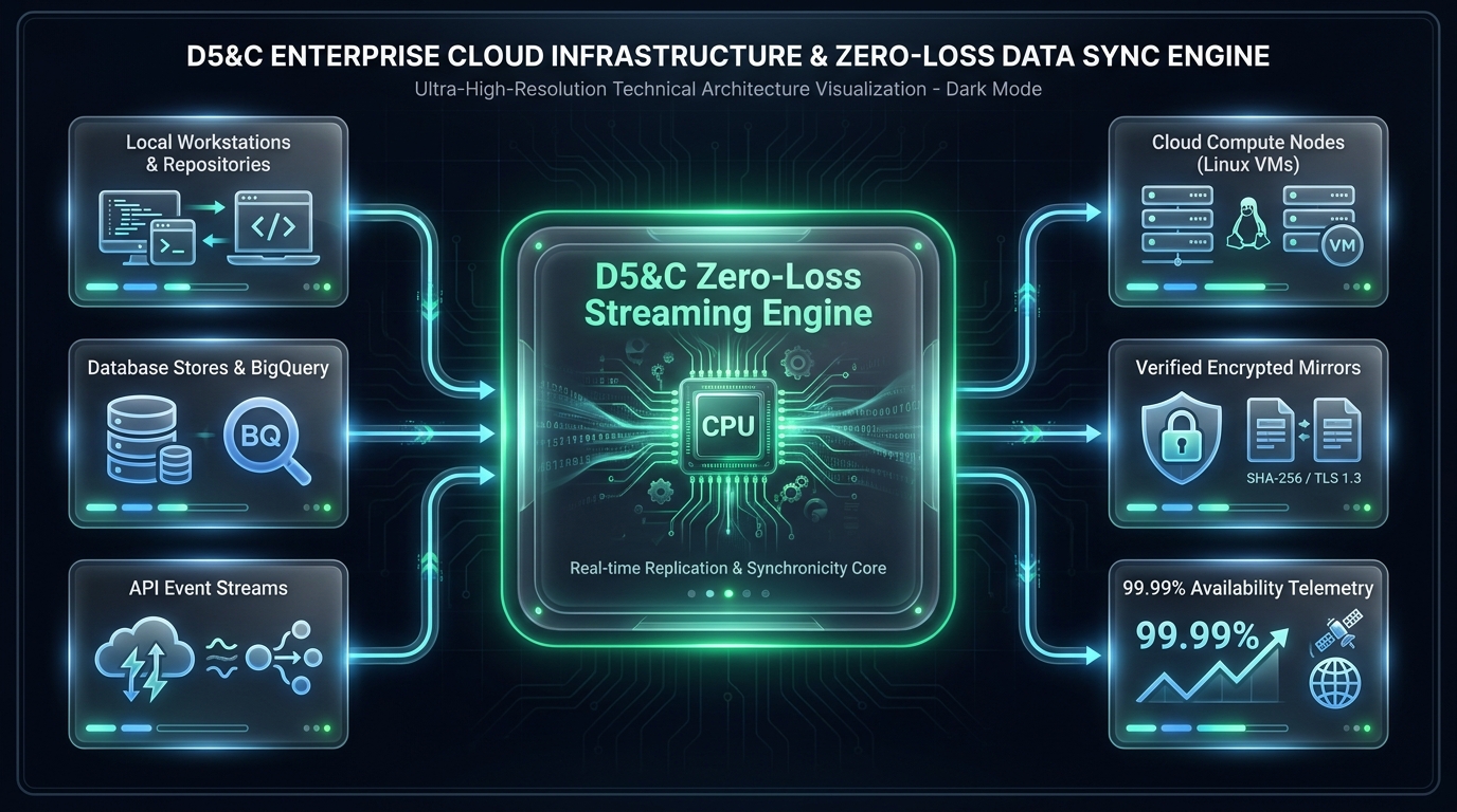D5&C Cloud Infrastructure and Zero-Loss Streaming Sync Flowchart